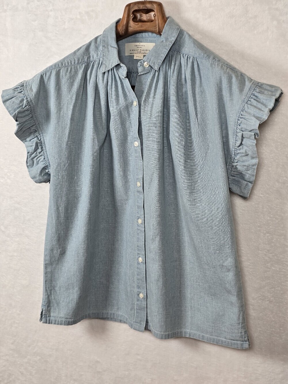 Trovata Birds of Paradis Marianne B Chambray Ruffle Sleeve Shirt S Button Down - Picture 6 of 15